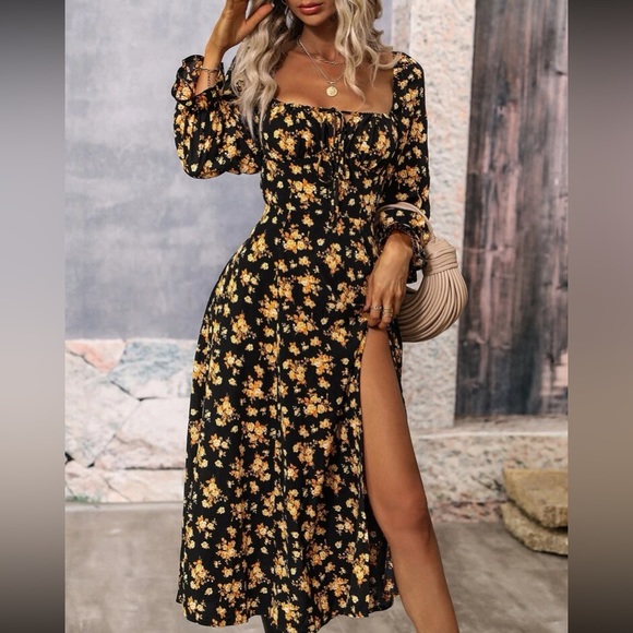 Boho floral print square neck slit thigh maxi dress - Picture 3 of 13